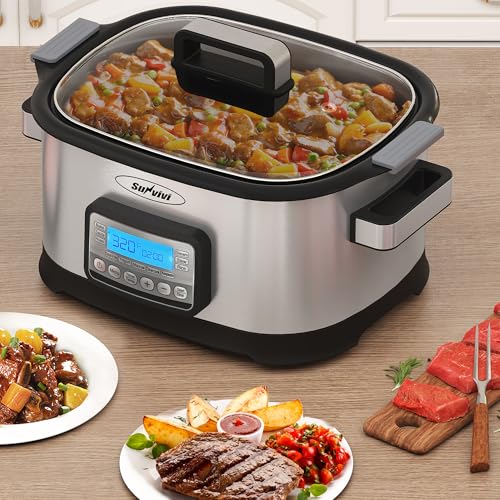SUNVIVIPRO 11-in-1 Multicooker, 6.5QT Slow Cooker Roaster Oven, Digital Programmable Multi Functional Pot with Timer, Temp Control, Delay Start, Glass Lid, Removable Nonstick Pot & Roast/Steam Rack - My Kitchen Products