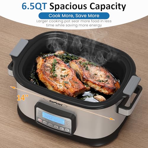 SUNVIVIPRO 11-in-1 Multicooker, 6.5QT Slow Cooker Roaster Oven, Digital Programmable Multi Functional Pot with Timer, Temp Control, Delay Start, Glass Lid, Removable Nonstick Pot & Roast/Steam Rack - My Kitchen Products