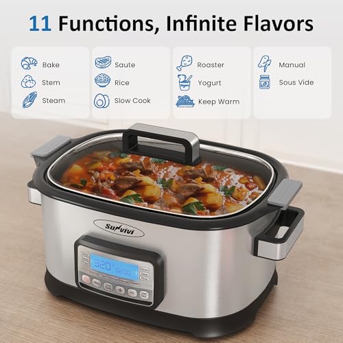 SUNVIVIPRO 11-in-1 Multicooker, 6.5QT Slow Cooker Roaster Oven, Digital Programmable Multi Functional Pot with Timer, Temp Control, Delay Start, Glass Lid, Removable Nonstick Pot & Roast/Steam Rack - My Kitchen Products