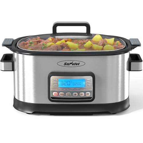 SUNVIVIPRO 11-in-1 Multicooker, 6.5QT Slow Cooker Roaster Oven, Digital Programmable Multi Functional Pot with Timer, Temp Control, Delay Start, Glass Lid, Removable Nonstick Pot & Roast/Steam Rack - My Kitchen Products