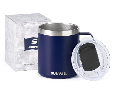 SUNWILL Insulated Coffee Mug with Lid, Travel Tumbler with Handle, 14oz Stainless Steel Cup for Camping, Office, Home, Powder Coated Navy Blue - My Kitchen Products