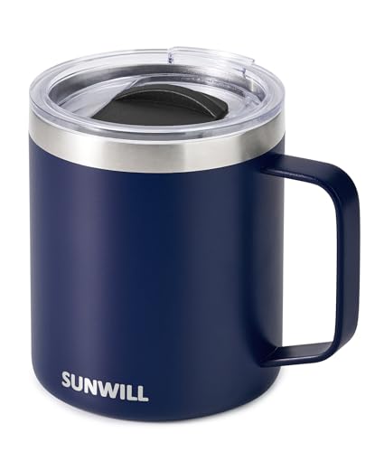 SUNWILL Insulated Coffee Mug with Lid, Travel Tumbler with Handle, 14oz Stainless Steel Cup for Camping, Office, Home, Powder Coated Navy Blue - My Kitchen Products