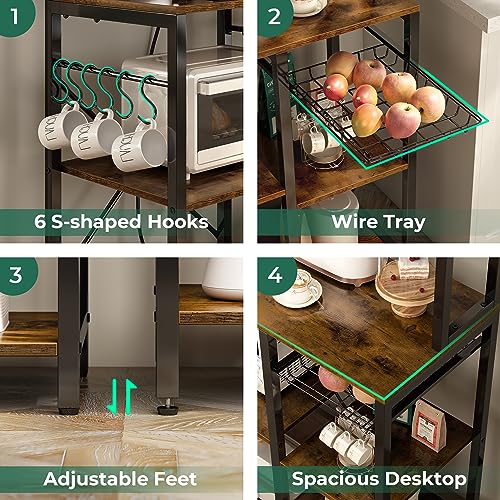 SUPERJARE Bakers Rack with Power Outlet, 35.4 Inches Coffee Bar with Wire Basket, Kitchen Microwave Stand with 6 S-Shaped Hooks, Open Storage Shelves, Rustic Brown - My Kitchen Products