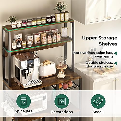 SUPERJARE Bakers Rack with Power Outlet, 35.4 Inches Coffee Bar with Wire Basket, Kitchen Microwave Stand with 6 S-Shaped Hooks, Open Storage Shelves, Rustic Brown - My Kitchen Products