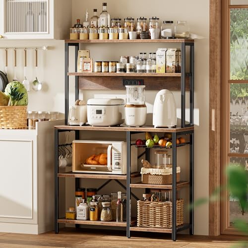 SUPERJARE Bakers Rack with Power Outlet, 35.4 Inches Coffee Bar with Wire Basket, Kitchen Microwave Stand with 6 S-Shaped Hooks, Open Storage Shelves, Rustic Brown - My Kitchen Products