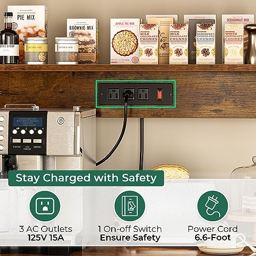 SUPERJARE Bakers Rack with Power Outlet, 35.4 Inches Coffee Bar with Wire Basket, Kitchen Microwave Stand with 6 S-Shaped Hooks, Open Storage Shelves, Rustic Brown - My Kitchen Products
