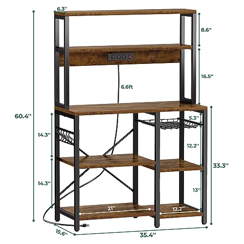 SUPERJARE Bakers Rack with Power Outlet, 35.4 Inches Coffee Bar with Wire Basket, Kitchen Microwave Stand with 6 S-Shaped Hooks, Open Storage Shelves, Rustic Brown - My Kitchen Products