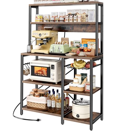 SUPERJARE Bakers Rack with Power Outlet, 35.4 Inches Coffee Bar with Wire Basket, Kitchen Microwave Stand with 6 S-Shaped Hooks, Open Storage Shelves, Rustic Brown - My Kitchen Products