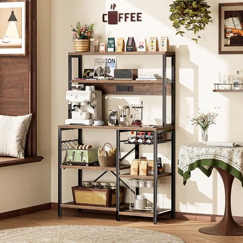 SUPERJARE Bakers Rack with Power Outlet, 35.4 Inches Coffee Bar with Wire Basket, Kitchen Microwave Stand with 6 S-Shaped Hooks, Open Storage Shelves, Rustic Brown - My Kitchen Products