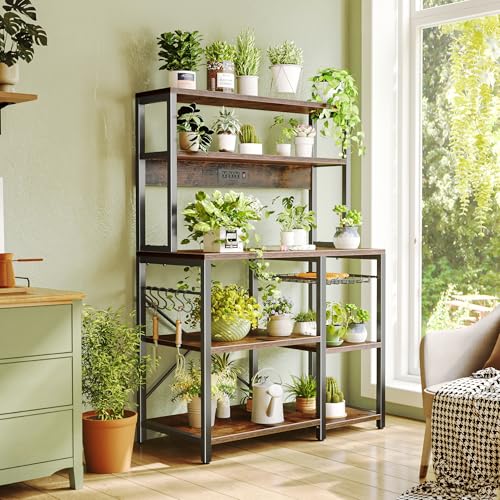 SUPERJARE Bakers Rack with Power Outlet, 35.4 Inches Coffee Bar with Wire Basket, Kitchen Microwave Stand with 6 S-Shaped Hooks, Open Storage Shelves, Rustic Brown - My Kitchen Products