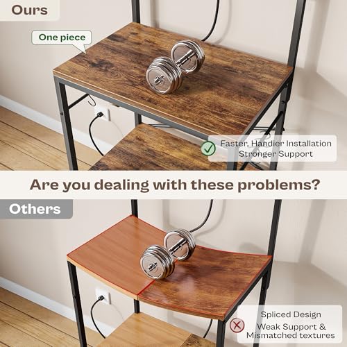 SUPERJARE Kitchen Bakers Rack with Power Outlet, Coffee Bar Table 4 Tiers, Kitchen Microwave Stand with 6 S-shaped Hooks, Storage Shelf Rack for Spices, Pots and Pans - Rustic Brown - My Kitchen Products