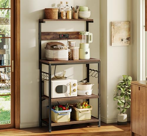 SUPERJARE Kitchen Bakers Rack with Power Outlet, Coffee Bar Table 4 Tiers, Kitchen Microwave Stand with 6 S-shaped Hooks, Storage Shelf Rack for Spices, Pots and Pans - Rustic Brown - My Kitchen Products