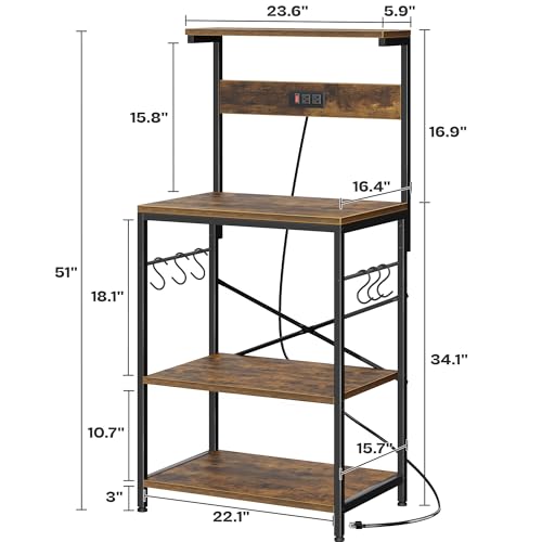 SUPERJARE Kitchen Bakers Rack with Power Outlet, Coffee Bar Table 4 Tiers, Kitchen Microwave Stand with 6 S-shaped Hooks, Storage Shelf Rack for Spices, Pots and Pans - Rustic Brown - My Kitchen Products