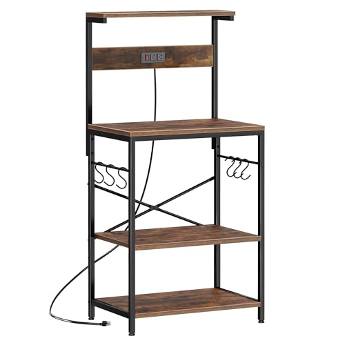 SUPERJARE Kitchen Bakers Rack with Power Outlet, Coffee Bar Table 4 Tiers, Kitchen Microwave Stand with 6 S-shaped Hooks, Storage Shelf Rack for Spices, Pots and Pans - Rustic Brown - My Kitchen Products