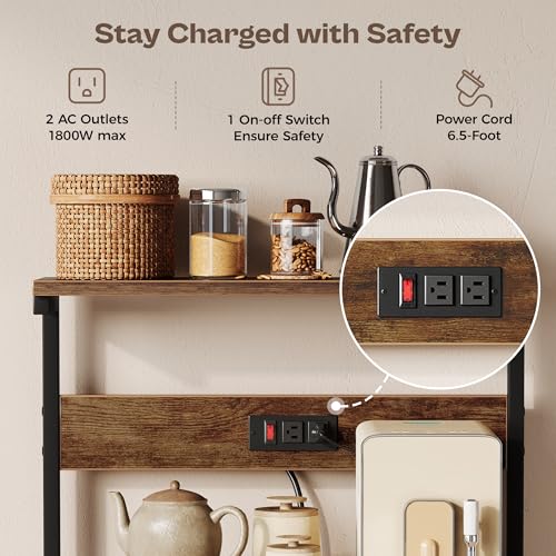 SUPERJARE Kitchen Bakers Rack with Power Outlet, Coffee Bar Table 4 Tiers, Kitchen Microwave Stand with 6 S-shaped Hooks, Storage Shelf Rack for Spices, Pots and Pans - Rustic Brown - My Kitchen Products