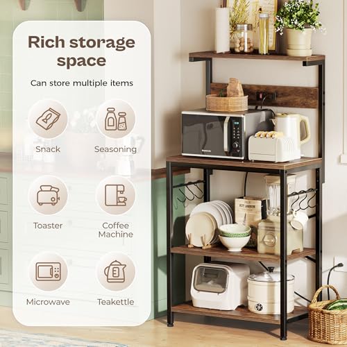SUPERJARE Kitchen Bakers Rack with Power Outlet, Coffee Bar Table 4 Tiers, Kitchen Microwave Stand with 6 S-shaped Hooks, Storage Shelf Rack for Spices, Pots and Pans - Rustic Brown - My Kitchen Products