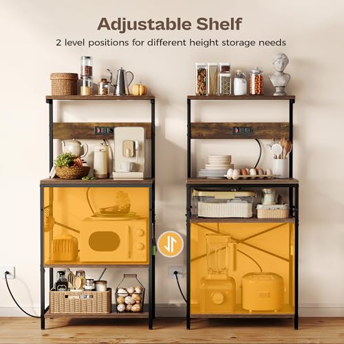 SUPERJARE Kitchen Bakers Rack with Power Outlet, Coffee Bar Table 4 Tiers, Kitchen Microwave Stand with 6 S-shaped Hooks, Storage Shelf Rack for Spices, Pots and Pans - Rustic Brown - My Kitchen Products