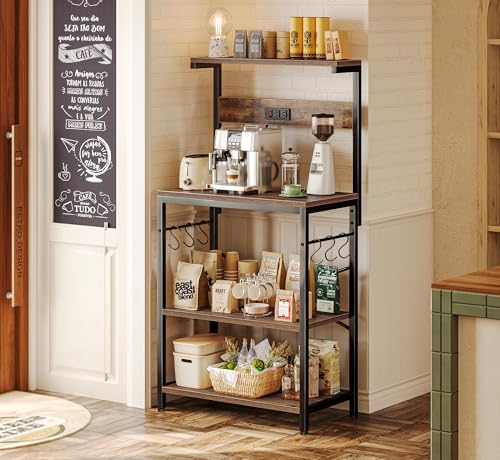 SUPERJARE Kitchen Bakers Rack with Power Outlet, Coffee Bar Table 4 Tiers, Kitchen Microwave Stand with 6 S-shaped Hooks, Storage Shelf Rack for Spices, Pots and Pans - Rustic Brown - My Kitchen Products