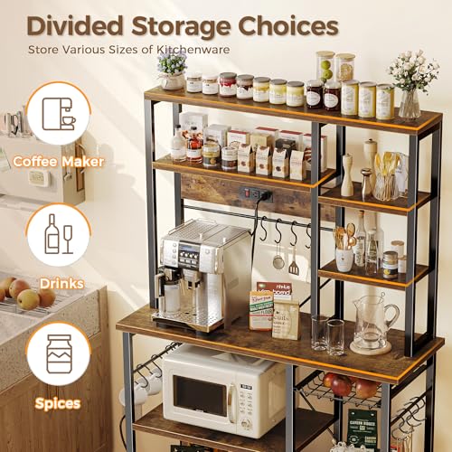 SUPERJARE Large Bakers Rack with Power Outlets, 6-Tier Microwave Stand, Coffee Bar with 12 S-Shaped Hooks, Kitchen Shelf with Wire Basket, 39.4 x 14.6 x 66.9 Inches, Rustic Brown - My Kitchen Products