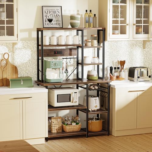 SUPERJARE Large Bakers Rack with Power Outlets, 6-Tier Microwave Stand, Coffee Bar with 12 S-Shaped Hooks, Kitchen Shelf with Wire Basket, 39.4 x 14.6 x 66.9 Inches, Rustic Brown - My Kitchen Products