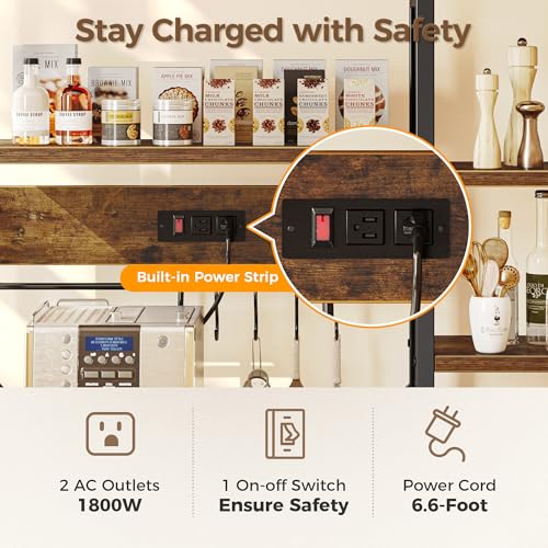 SUPERJARE Large Bakers Rack with Power Outlets, 6-Tier Microwave Stand, Coffee Bar with 12 S-Shaped Hooks, Kitchen Shelf with Wire Basket, 39.4 x 14.6 x 66.9 Inches, Rustic Brown - My Kitchen Products