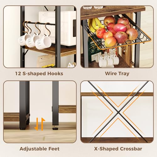 SUPERJARE Large Bakers Rack with Power Outlets, 6-Tier Microwave Stand, Coffee Bar with 12 S-Shaped Hooks, Kitchen Shelf with Wire Basket, 39.4 x 14.6 x 66.9 Inches, Rustic Brown - My Kitchen Products