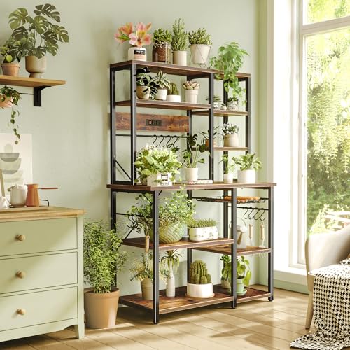 SUPERJARE Large Bakers Rack with Power Outlets, 6-Tier Microwave Stand, Coffee Bar with 12 S-Shaped Hooks, Kitchen Shelf with Wire Basket, 39.4 x 14.6 x 66.9 Inches, Rustic Brown - My Kitchen Products