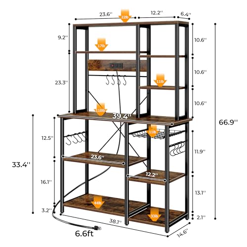 SUPERJARE Large Bakers Rack with Power Outlets, 6-Tier Microwave Stand, Coffee Bar with 12 S-Shaped Hooks, Kitchen Shelf with Wire Basket, 39.4 x 14.6 x 66.9 Inches, Rustic Brown - My Kitchen Products