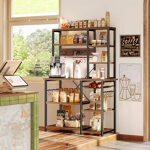 SUPERJARE Large Bakers Rack with Power Outlets, 6-Tier Microwave Stand, Coffee Bar with 12 S-Shaped Hooks, Kitchen Shelf with Wire Basket, 39.4 x 14.6 x 66.9 Inches, Rustic Brown - My Kitchen Products