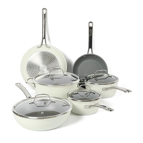 Sur La Table Kitchen Essentials 10 Piece PFA Free Non-Toxic Titanium Ceramic Nonstick Interior Forged Aluminum Cookware Pots and Pans Set - Linen White - Induction Compatible - My Kitchen Products