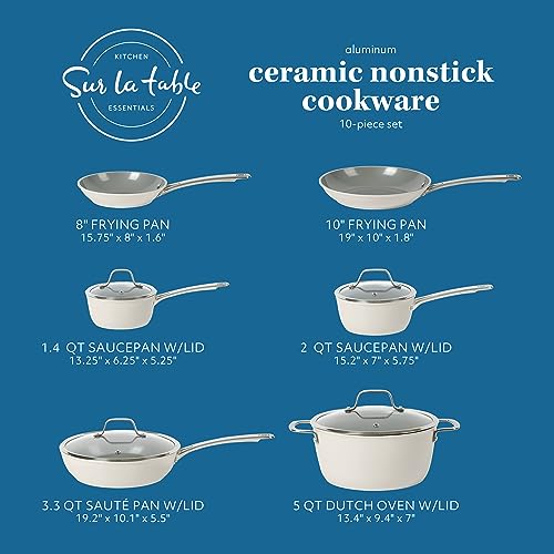 Sur La Table Kitchen Essentials 10 Piece PFA Free Non-Toxic Titanium Ceramic Nonstick Interior Forged Aluminum Cookware Pots and Pans Set - Linen White - Induction Compatible - My Kitchen Products