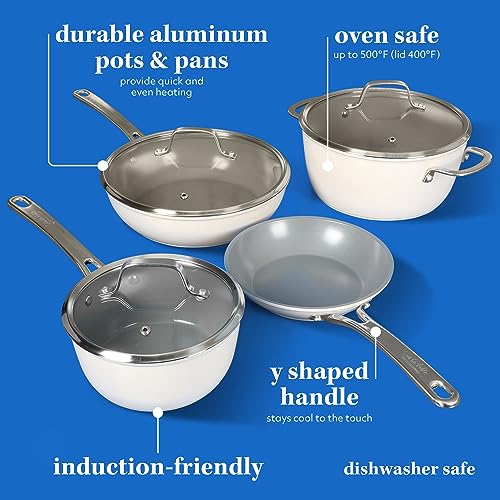 Sur La Table Kitchen Essentials 10 Piece PFA Free Non-Toxic Titanium Ceramic Nonstick Interior Forged Aluminum Cookware Pots and Pans Set - Linen White - Induction Compatible - My Kitchen Products