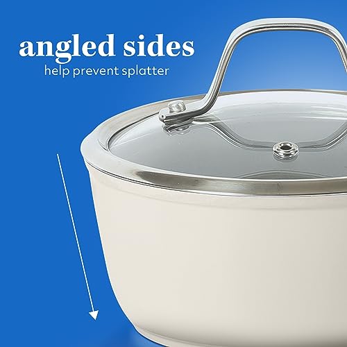 Sur La Table Kitchen Essentials 10 Piece PFA Free Non-Toxic Titanium Ceramic Nonstick Interior Forged Aluminum Cookware Pots and Pans Set - Linen White - Induction Compatible - My Kitchen Products