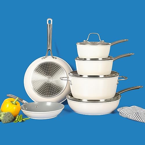 Sur La Table Kitchen Essentials 10 Piece PFA Free Non-Toxic Titanium Ceramic Nonstick Interior Forged Aluminum Cookware Pots and Pans Set - Linen White - Induction Compatible - My Kitchen Products