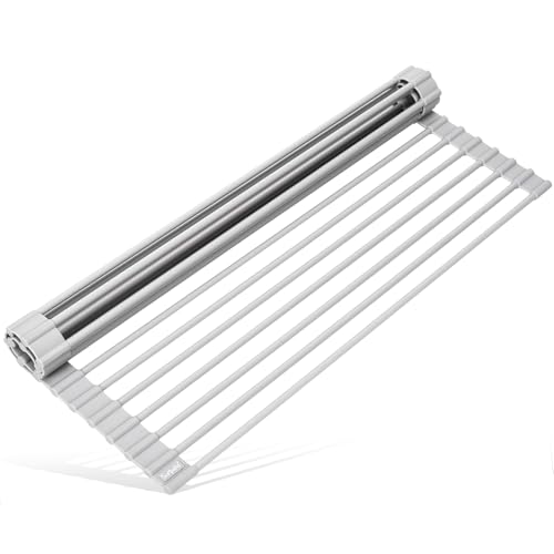 Surpahs 17.5 x 13.1 Inch Roll-Up Dish Drying Rack, Fits Across Sink Openings up to 16.5 Inches, Heavy-Duty Premium Silicone, Strong Support, Non-Slip, Heat-Resistant, Warm Gray - My Kitchen Products