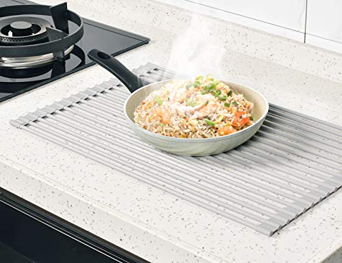 Surpahs 17.5 x 13.1 Inch Roll-Up Dish Drying Rack, Fits Across Sink Openings up to 16.5 Inches, Heavy-Duty Premium Silicone, Strong Support, Non-Slip, Heat-Resistant, Warm Gray - My Kitchen Products