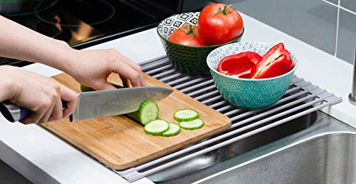 Surpahs 17.5 x 13.1 Inch Roll-Up Dish Drying Rack, Fits Across Sink Openings up to 16.5 Inches, Heavy-Duty Premium Silicone, Strong Support, Non-Slip, Heat-Resistant, Warm Gray - My Kitchen Products