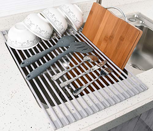 Surpahs 17.5 x 13.1 Inch Roll-Up Dish Drying Rack, Fits Across Sink Openings up to 16.5 Inches, Heavy-Duty Premium Silicone, Strong Support, Non-Slip, Heat-Resistant, Warm Gray - My Kitchen Products