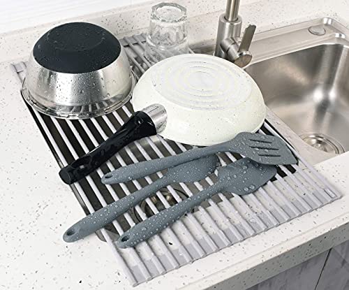 Surpahs 17.5 x 13.1 Inch Roll-Up Dish Drying Rack, Fits Across Sink Openings up to 16.5 Inches, Heavy-Duty Premium Silicone, Strong Support, Non-Slip, Heat-Resistant, Warm Gray - My Kitchen Products