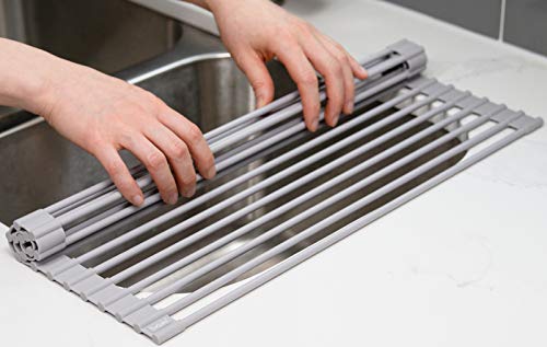 Surpahs 17.5 x 13.1 Inch Roll-Up Dish Drying Rack, Fits Across Sink Openings up to 16.5 Inches, Heavy-Duty Premium Silicone, Strong Support, Non-Slip, Heat-Resistant, Warm Gray - My Kitchen Products