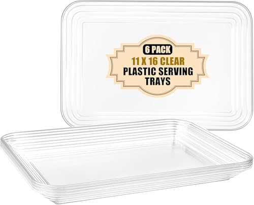 SUT 6-Pack Clear Serving Trays for Entertaining-16 x 11" Serving Platters for Snacks, Fruit, Cookies