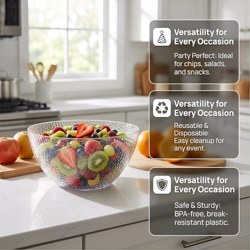 Suwimut 4 Pack Clear Plastic Serving Bowls, 135 OZ Large Round Plastic Bowls, 10 Inch Disposable Reusable Salad Mixing Bowl Buffet Containers for Catering, Party, Salad, Fruit, Chips, Popcorn, Snack - My Kitchen Products