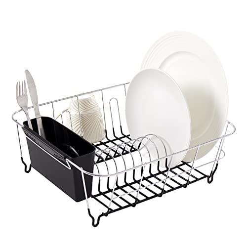 Sweet Home Collection 2 Piece Dish Drying Rack Set Drainer with Utensil Holder Simple Easy to Use Fits in Most Sinks, 14.5" x 13" x 5.25", Black - My Kitchen Products