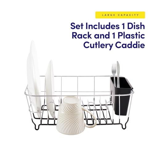 Sweet Home Collection 2 Piece Dish Drying Rack Set Drainer with Utensil Holder Simple Easy to Use Fits in Most Sinks, 14.5" x 13" x 5.25", Black - My Kitchen Products