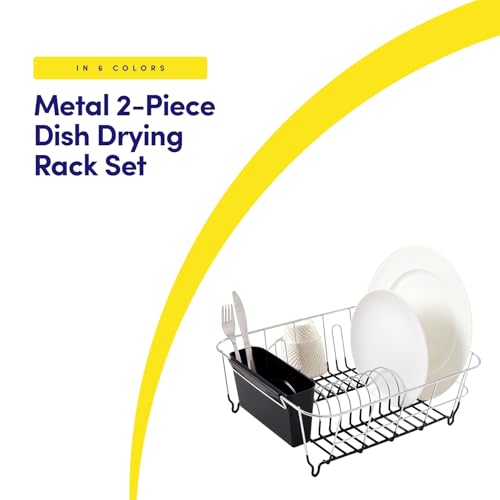 Sweet Home Collection 2 Piece Dish Drying Rack Set Drainer with Utensil Holder Simple Easy to Use Fits in Most Sinks, 14.5" x 13" x 5.25", Black - My Kitchen Products