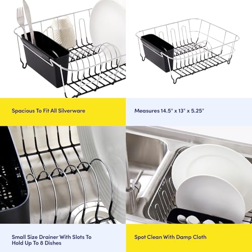 Sweet Home Collection 2 Piece Dish Drying Rack Set Drainer with Utensil Holder Simple Easy to Use Fits in Most Sinks, 14.5" x 13" x 5.25", Black - My Kitchen Products