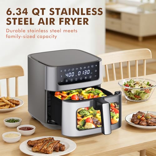 Sweetcrispy 6.34QT Air Fryer, 8-in-1 Air Fryers Oven with Visible Window, 400℉ Fast Heating, Nonstick Dishwasher-Safe Basket, Timer & Auto-Off, Stainless Steel, Grey - My Kitchen Products