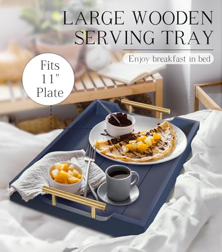 SXNOWS Coffee Table Tray - Large Ottoman Tray for Living Room - Wood Serving Tray with 2 Sets of Handles - Wooden Trays for Coffee Tables, 4 Round Coasters Included, Deep Blue - My Kitchen Products