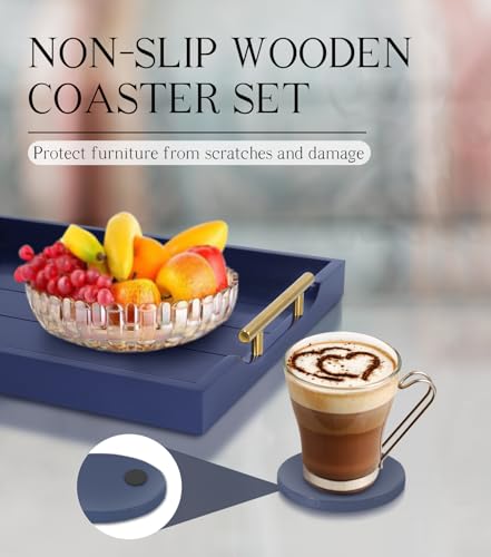 SXNOWS Coffee Table Tray - Large Ottoman Tray for Living Room - Wood Serving Tray with 2 Sets of Handles - Wooden Trays for Coffee Tables, 4 Round Coasters Included, Deep Blue - My Kitchen Products