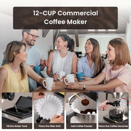 SYBO 12-Cup Commercial Coffee Maker, Pour Over Drip Coffee Maker Brewer with 3 Lower Warmers and 3 Glass Decanters, Stainless Steel Cafetera - My Kitchen Products